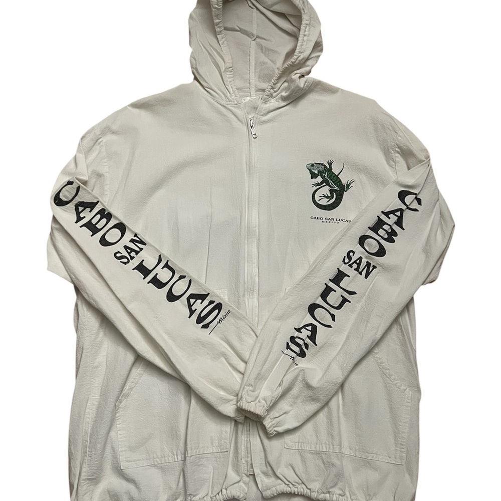 Hooded White Windbreaker Jacket with Green Lizard Graphic